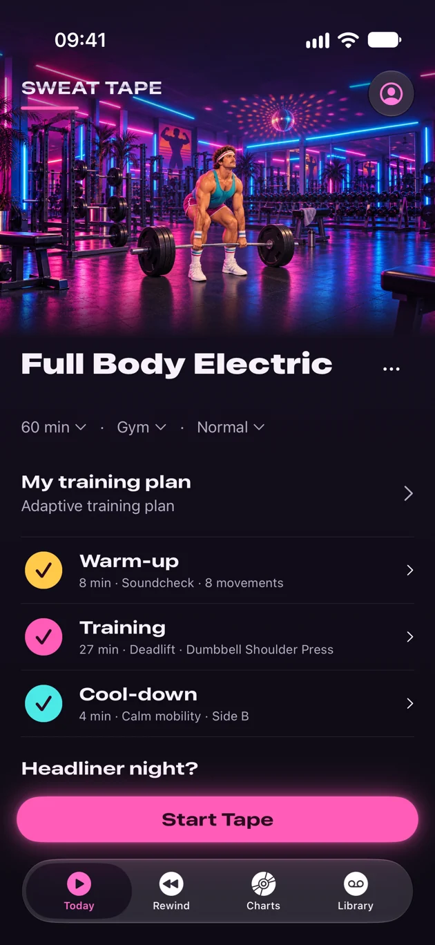 The Sweat Tape app on iPhone: today’s Tape, Full Body Electric, with warm-up, training and cooldown, and a Start Tape button